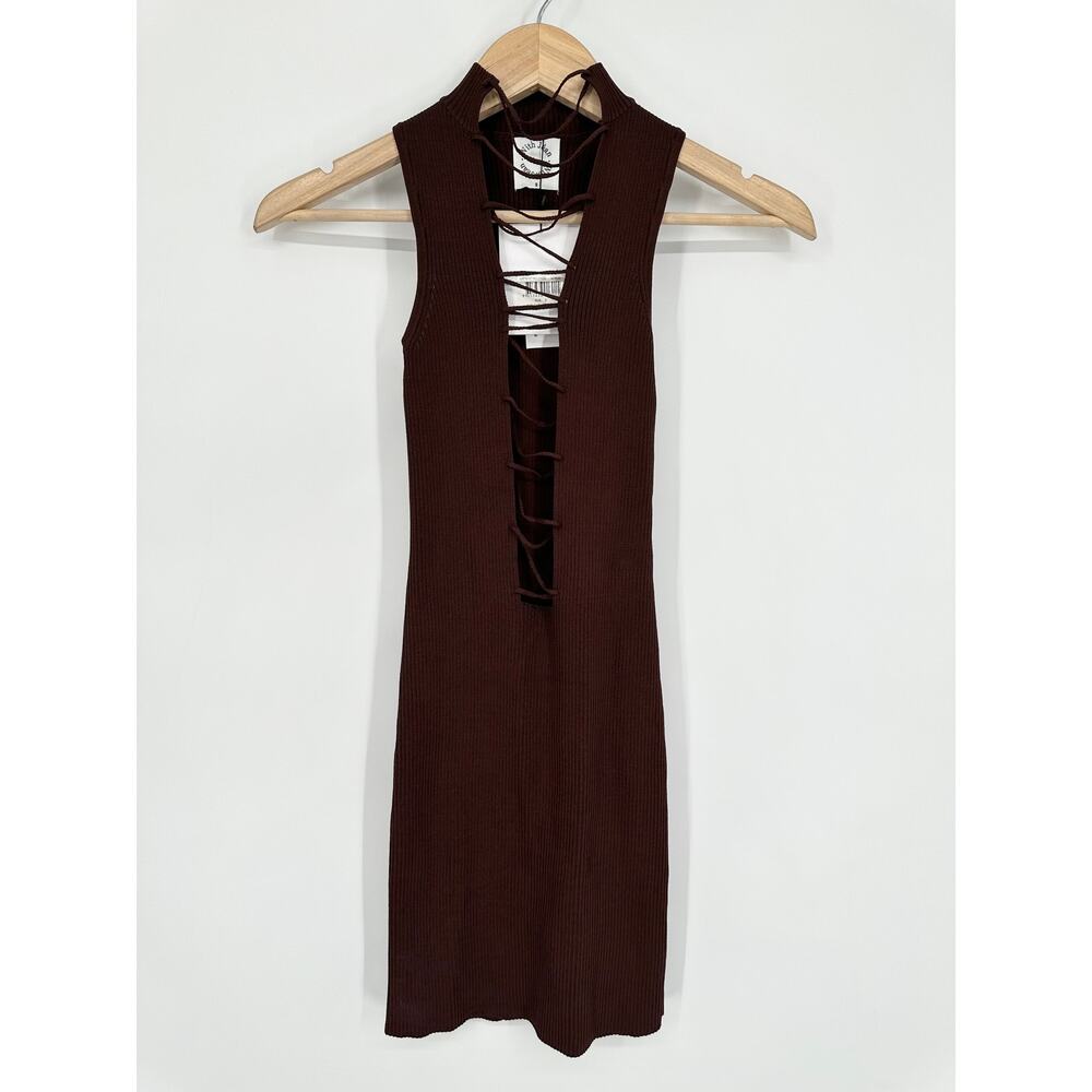 With Jean Amethyst Mini Dress Ribbed Lace Up Mock Neck Sleeveless Bodycon Brown - Picture 6 of 13
